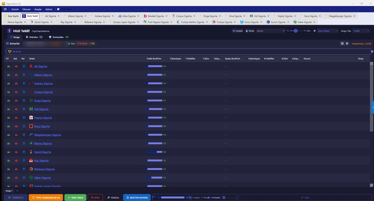 20+ sigorta şirketine paralel sorgu - canlı progress