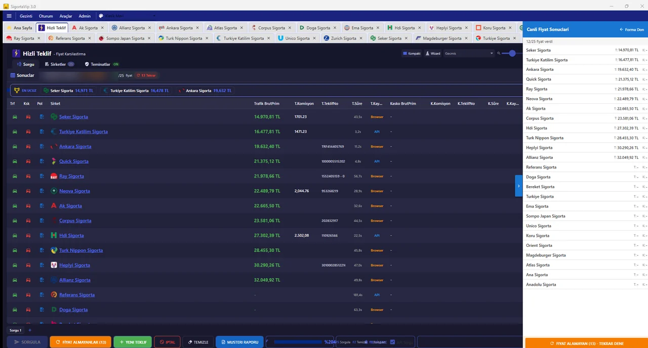 SigortaVip canlı fiyat sonuçları + Mini Panel